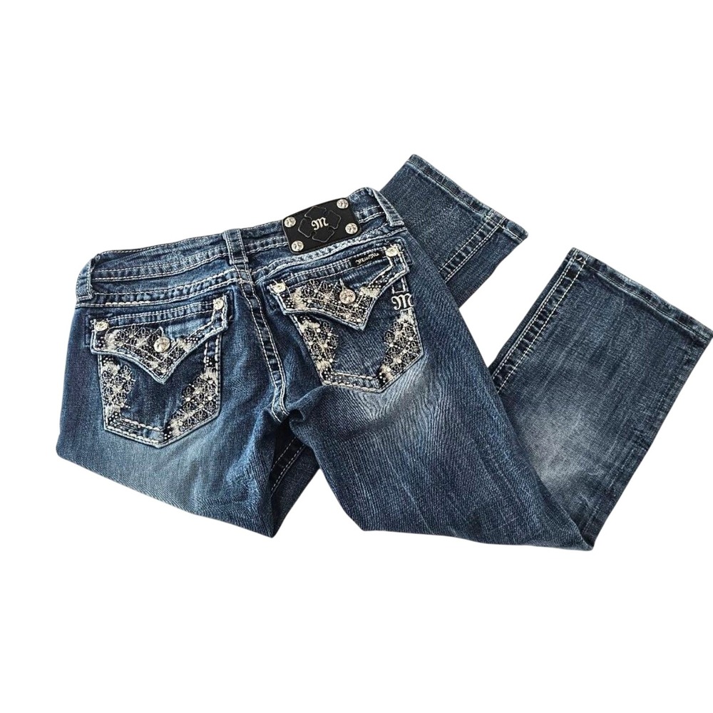 Miss Me Size 27 Jeans Fleur De Lis Rhinestone Capri Sequin Flap Pocket Crop